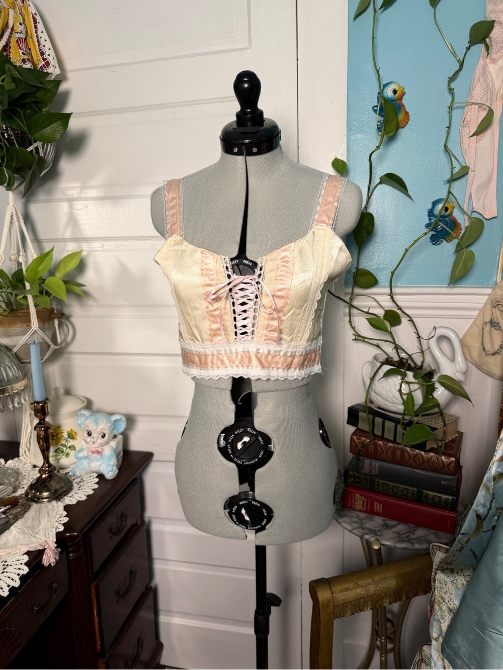 Vintage Handmade 1970s Pink and Cream Lace-Up Crop Top